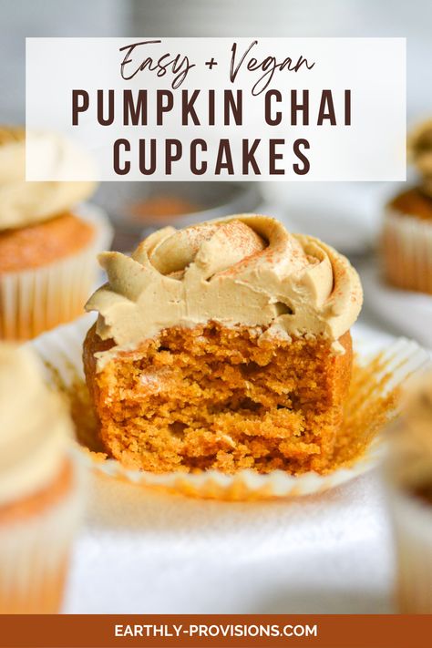 These Vegan Pumpkin Chai Cupcakes are well-spiced and quick to make. This is the perfect easy vegan dessert to make for Fall! Vegan Pumpkin Chai Cupcakes, Vegan Pumpkin Pie Cups, Eggless Fall Desserts, Vegan Recipes With Pumpkin Puree, Vegan Pumpkin Spice Cupcakes, Vegan And Gluten Free Dessert Recipes, Vegan Fall Desserts Easy, Vegan And Gluten Free Baked Goods, Vegan Fall Cupcakes