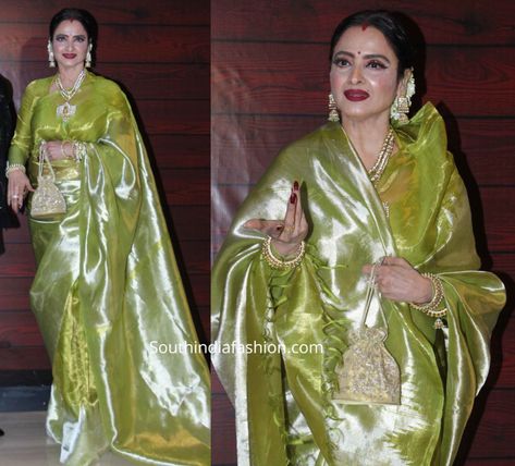 Kanjeevaram Tissue Silk Saree, Rekha Tissue Saree, Kanjivaram Tissue Silk Saree, Rekha In Kanjeevaram Sarees, Rekha Sarees, Green Tissue Saree, Gajra Bun, Deep Red Lip, Full Sleeves Blouse