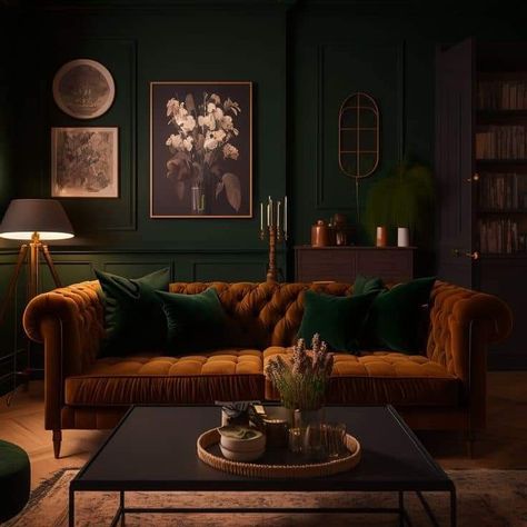 Green Living Room Color Scheme Walls, Brown And Green Living Room, Green Living Room Color Scheme, Victorian Sitting Room, Modern Green Living Room, Copper Room, Green Walls Living Room, Dark Green Living Room, Moody Living Room