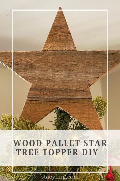 Looking for a rustic topper for your Christmas tree? Make this budget-friendly DIY wood pallet star tree topper in a few hours. #treetopperideas #rustictreetopper #treetopperschristmasdiy #treetopperschristmas #treetopperschristmasunique #treetoppers #christmastreetopperideas #christmastreetoppersdiy #christmastreetoppersideasdiy #christmastreetoppersrustic #christmastreetoppersdiy Wooden Star Tree Topper Diy, Diy Wooden Tree Topper, Wooden Star Christmas Tree Topper, Wooden Christmas Tree Toppers, Rustic Star Tree Topper, Wooden Christmas Tree Topper, Wooden Christmas Tree Star Topper Diy, Wooden Stars Diy How To Make, Diy Wood Star Tree Topper