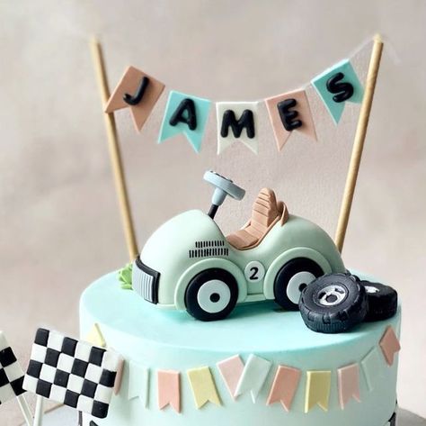 Cake Race Car, Race Car Theme Cake, Vintage Car Birthday Cake, Racing Car Cake Design, Vintage Car Cake, Blue Car Birthday Cake, Fondant Car Tutorial, Fondant Car Topper, Sprint Car Birthday Cake