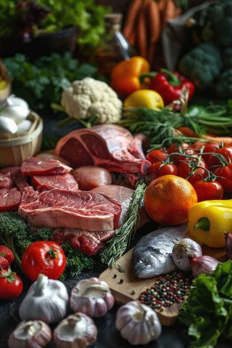 Farm vegetables, meat, fish on the table. Selective focus. stock photography Farm Vegetables, Photography Focus, Focus Foods, Vector Mountain, The Table, Stock Photography, Meat, Fish, Stock Photos