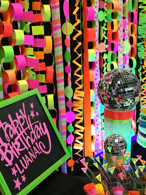 Retro Glow Party, Glow Night Decorations, 90 Prom Theme Party, 60s Theme Party Decorations Diy, 70s Theme Homecoming Float, Neon Theme School Dance, Neon Birthday Party Decorations Diy, Decade Theme Party Decoration, Diy 80s Decorations Party