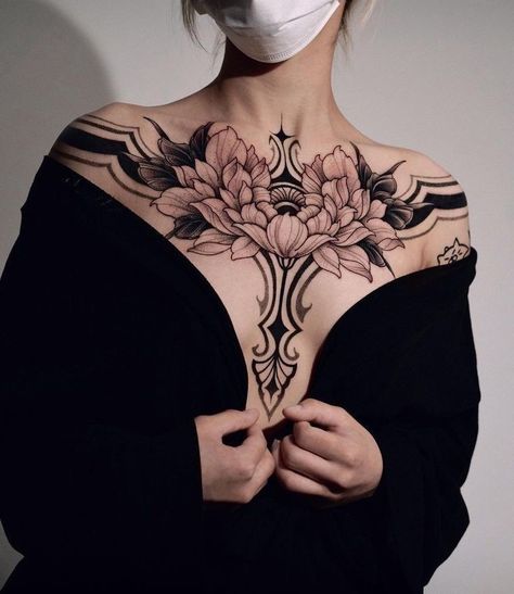 Chest Neck Tattoo, Front Shoulder Tattoos, Throat Tattoo, Muster Tattoos, Pieces Tattoo, Chest Tattoos For Women, Chest Piece Tattoos, Sternum Tattoo, Dope Tattoos