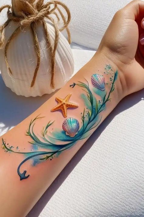 Wave Tatoos Woman, Water Tattoo Ideas Ocean, Ocean Wave Tattoos For Women, Seashell Tattoo Design, Beach Tattoo Ideas For Women, Beach Sleeve Tattoo, Sea Tattoos For Women, Small Beachy Tattoos, Ocean Tattoos For Women