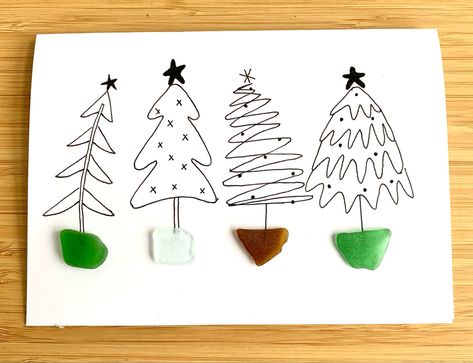 Hand drawn cards made with natural sea glass Seaglass Picture, Sea Glass Card, Seaglass Crafts, Sea Glass Artwork, Drawn Cards, Christmas Pebble Art, Sea Glass Art Diy, Beach Christmas Decorations, Sea Glass Art Projects