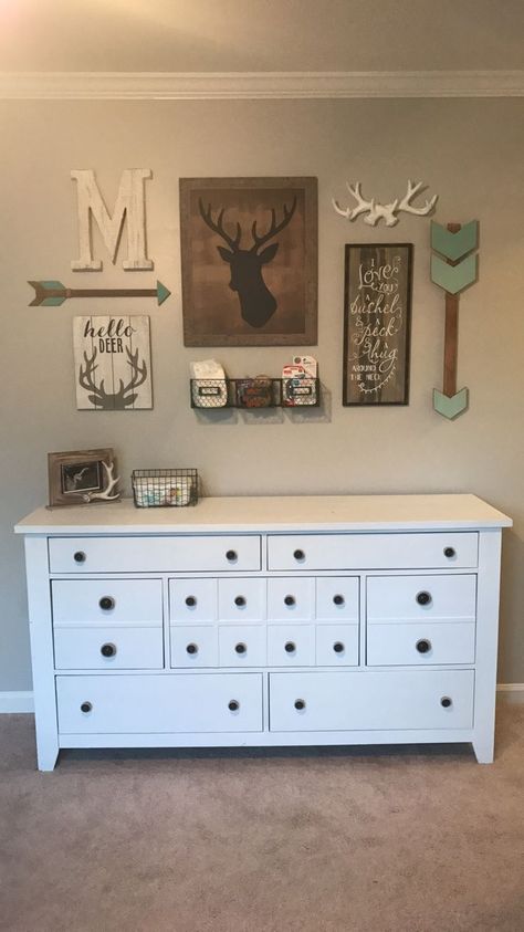 Deer Themed Nursery Nursery Hunting Theme, Farmhouse Nursery Boy, Hunting Themed Nursery, Farmhouse Nursery Ideas, Deer Themed Nursery, Wall Styling, Hunting Nursery, Deer Theme, Deer Nursery