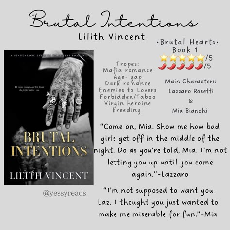 Dark Mafia Romance Book review please give credit if repost Brutal Intentions Book, Dark Romance Mafia Books, Best Mafia Romance Books Wattpad, Dark Mafia Romance Books, Brutal Intentions, Lilith Vincent, Mafia Dark Romance, Mafia Romance Books, Mafia Books