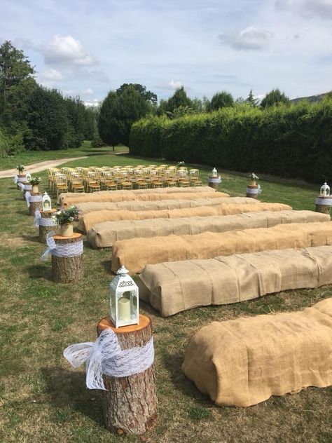 Hay bales covered in hessian positioned in a ceremony style setup Hessian Wedding, Wedding Setup, Country Theme, Hay Bales, Wedding Set Up, Cover Ideas, Wedding Preparation, Family Parties, Rustic Country