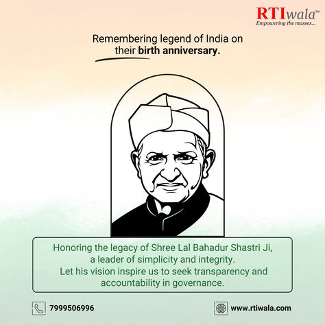 Honor the legacy of Lal Bahadur Shastri Ji with integrity and commitment to our nation.

Embrace transparency in governance in this #LalBahadurShastri.

File your Online #RTI today through #RTIwala!

Simply call +91-7999-50-6996.

#Indian #LalBahadur #Indian #tashkent #Legaltech Lal Bahadur Shastri, Let It Be