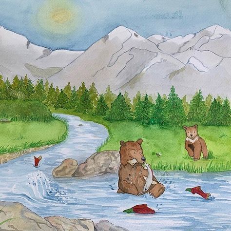 Beer Watercolor Illustration, Bear Catching Salmon, River Drawing, River Watercolor, Bear Drink, Biology Projects, Bear Watercolor, Momma Bear, Art Elements