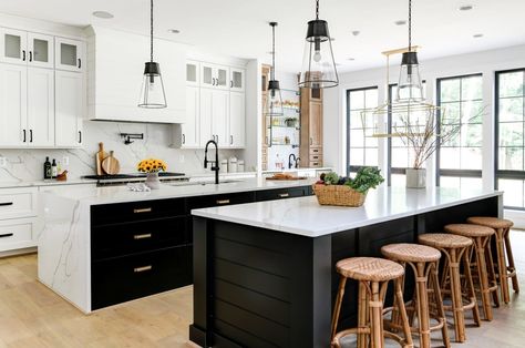 West Coast Modern, Double Island, Double Island Kitchen, Modern Farmhouse Interior Design, Double Islands, Modern Contemporary Kitchen, Farmhouse Interior Design, Modern Mountain Home, Kitchen Island Decor