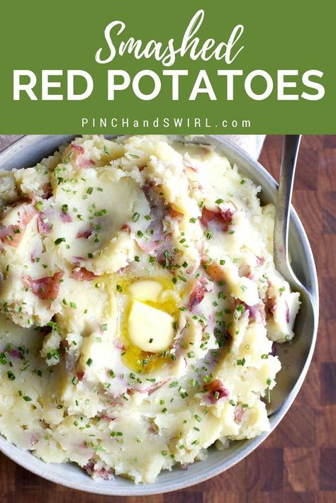 Smashed Red Potatoes with the perfect amount of garlic make an ideal side dish for Christmas or Thanksgiving and are healthy and easy enough to make any time! #mashedpotatoes #potatoes #holidayrecipes #smashedpotatoes #smashedredpotatoes #Thanksgiving #Christmas Mashed Red Potatoes Recipe, Side Dishes Crockpot, Thanksgiving Side Dishes Crockpot, Smashed Red Potatoes, Thanksgiving Recipes Side Dishes Veggies, Thanksgiving Recipes Side Dishes Easy, Mashed Red Potatoes, Thanksgiving Side Dishes Healthy, Recipes Easter