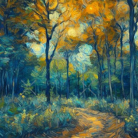 An Autumn Walking Trail in the Forest - Oil Painting Digital Art - Van Gogh Style by Star-Fragment | Redbubble Forest Trail Painting, Painted Vans, Forest Trail, Art Van, Forest Painting, Walking Trails, Thread Painting, Tree Art, Cartoon Art Styles