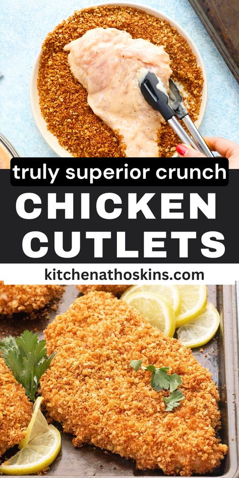 Baked Chicken Cutlets are perfectly seasoned, and have a truly deep golden crispy exterior, with an irresistibly tender and juicy interior, and is ready in about 30 minutes. Baked Chicken Cutlets, Chicken Cutlet Recipes, Cilantro Lime Sauce, Grilled Chicken Thighs, Crispy Baked Chicken, Healthy Chicken Dinner, Lemon Butter Sauce, Lime Sauce, Num Num