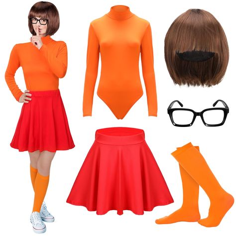 PRICES MAY VARY. Nice Combination for Cosplaying: you will receive a set of Halloween costume for adults, including 1 bob wig, 1 turtleneck bodysuit, 1 skater skirt, 1 glasses, 1 pair of socks, you do not need to purchase them separately, labor saving and time saving Comfortable to Wear: our adult cosplay for women is mainly made of cotton, reliable and quality, lightweight and soft, elastic and comfortable, which can offer you a good wearing experience Multiple Methods of Wearing: you can wear Blowup Halloween Costumes, Funny Adult Halloween Costumes For Women, Costumes You Can Make At Home, Halloween Costumes Cowgirl, Adult Costumes For Women, Velma Costume, Orange Costume, Best Friend Costumes, Polar Plunge