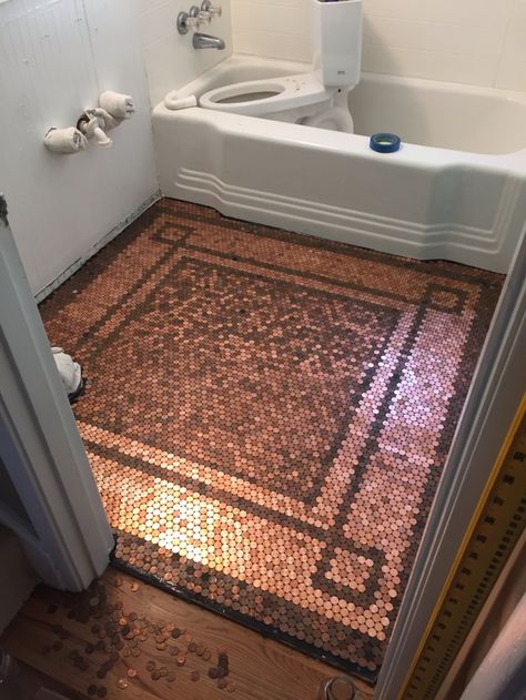 Tiling the floor with pennies (again!) | moxie. Penny Floors, Penny Floor Designs, Cd Mosaic, Diy Floors, Penny Table, Cloak Room, Coin Crafts, Penny Floor, Positive Future