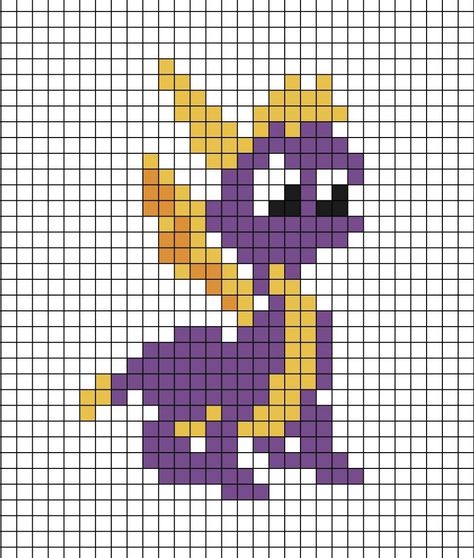 A pixel art template of the little purple dragon, Spyro. Perler Bead Dragon Pattern, Shrek Pixel Art, Spyro Pixel Art, Spyro Perler Beads, Dragon Perler Bead Patterns, Spyro Cross Stitch, Salamander Cross Stitch, Dragon Pixel Art, Dragon Alpha Pattern