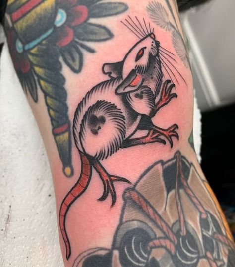 Rat Traditional Tattoo, Rat Tattoo Traditional, Skunk Tattoo, Mouse Tattoo, Rat Tattoo, Woodcut Tattoo, Father Tattoos, Mouse Tattoos, Chinese Tattoo