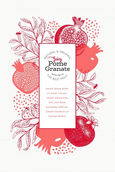 Fruit Package Design, Fruit Template, Beautiful Packaging Design, Botanical Frame, Mises En Page Design Graphique, Menue Design, Pomegranate Fruit, Fruit Illustration, Creative Packaging Design