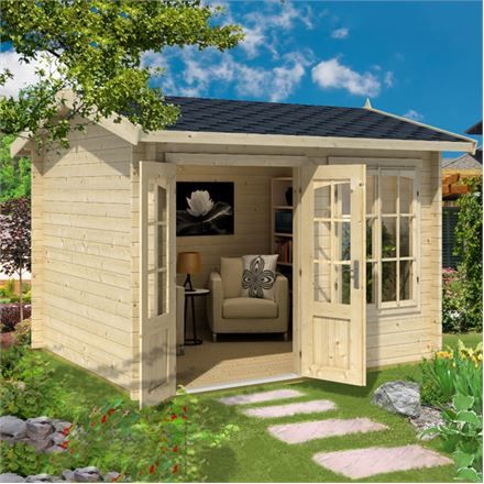 This Alex Log cabin is the perfect size for a studio, living space and wine-sipping room! Small House Kits, Garden Office Shed, Garden Log Cabins, Tiny House Kits, Log Cabins For Sale, Office Shed, Summer House Garden, Log Cabin Kits, Prefab Cabins