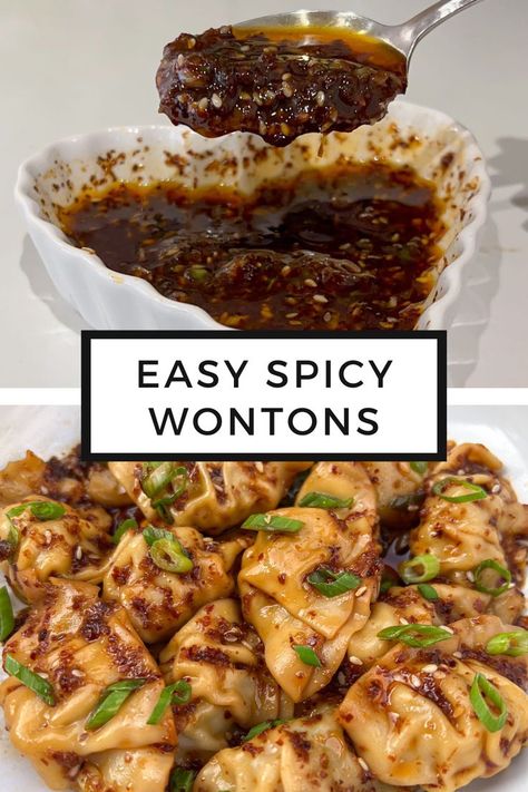 There are two images for this easy spicy wontons recipe pin. The top image is of the homemade spicy chili oil sauce in a white heart-shaped ramekin and a spoon scooping some of it out. The bottom image are wontons that have been tossed in that homemade spicy chili oil sauce and topped with slices of green onions served on a white plate. Spicy Wonton Sauce Chili Oil, Spicy Wonton Recipe, Spicy Wonton Soup, Spicy Wontons, Chili Oil Sauce, Homemade Chili Oil, Wonton Recipe, Korean Chili Flakes, Hot Chili Oil