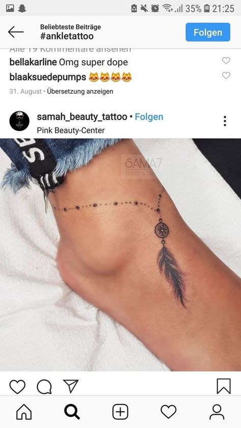 Ankle Bracelet Tattoo With Feather, Feather Anklet Tattoos For Women, Ankle Chain Tattoos For Women, Ankle Jewelry Tattoo, Ancle Braclet Tattoos, Anklet Tattoos For Women Chains, Anklette Tattoo, Anklet Tattoos For Women Simple, Braclet Tattoo Women