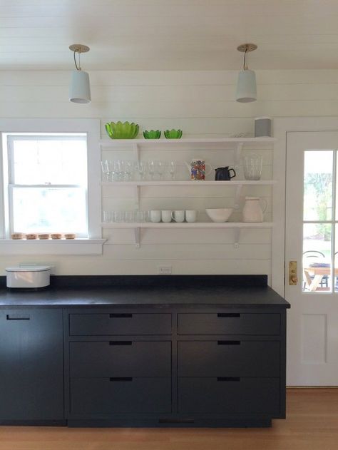 Goode-Kitchen-Amagansett-Remodelista-01 Kitchen Black Counter, Soapstone Kitchen, Butcher Block Kitchen Island, Hamptons Kitchen, Custom Kitchen Island, Butcher Block Kitchen, Soapstone Countertops, Kitchen Black, Black Cabinets