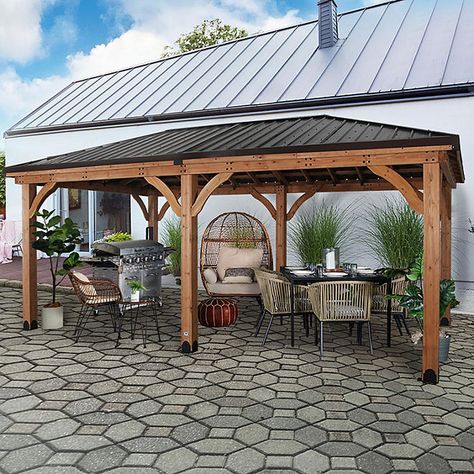 Rectangle Gazebo, Hip Roof Design, Frontyard Landscape, Wooden Carports, Landscaping Backyard Ideas, Patio Pavilion, Permanent Gazebo, Landscape Planning, Landscape Layout