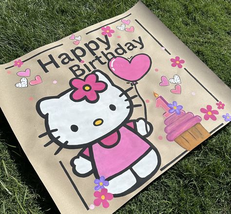 Hand Painted Banner Birthday, Hello Kitty Birthday Banner, Painted Banner, Last Minute Birthday Gifts, Happy Birthday Signs, Banner Birthday, Assistant Gifts, Hello Kitty Birthday, Paper Banners