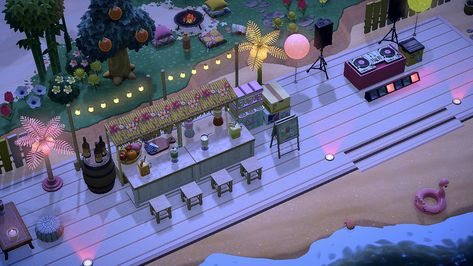 Acnh Beach Party Ideas, Animal Crossing Resort, Anch Beach Ideas, Animal Crossing Bar Ideas, Acnh Boardwalk Ideas, Animal Crossing Beach Bar, Animal Crossing Tiki Bar, Acnh Beach Bar, Animal Crossing Boardwalk