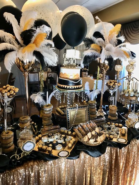 Roaring 20s Candy Table, Flappers Birthday Party, Black And Gold Party Decorations Outdoor, Masquerade 60th Birthday Party, Masquerade Party Dessert Table, Gabsty Theme Party, Great Gatsby Themed Birthday Party, Roaring 60s Party, 60th Masquerade Birthday Party