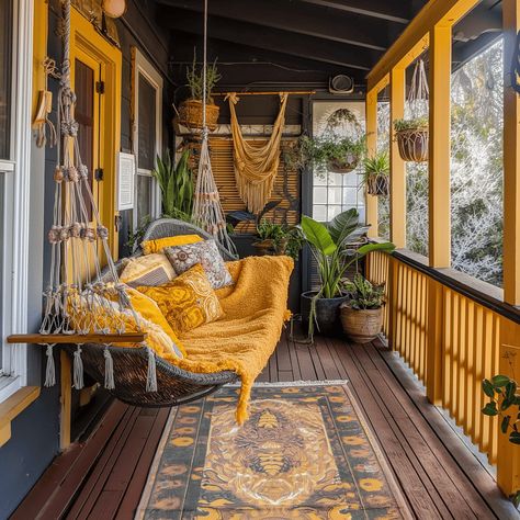 Captivating Bohemian Porch Inspiration in Sunny Yellow Yellow House Aesthetic, Yellow Patio Decor, Yellow Sunroom, Industrial Jungle, Boho Front Porch, Cozy Porches, Rustic Porch Ideas, Bohemian Porch, Boho Porch