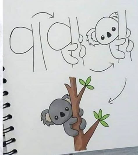 Koala Drawing, Doodle Art For Beginners, Easy Animal Drawings, Easy Art For Kids, Easy Drawings For Kids, Drawings For Kids, Easy Doodles Drawings, Cute Cartoon Drawings, Cute Easy Drawings