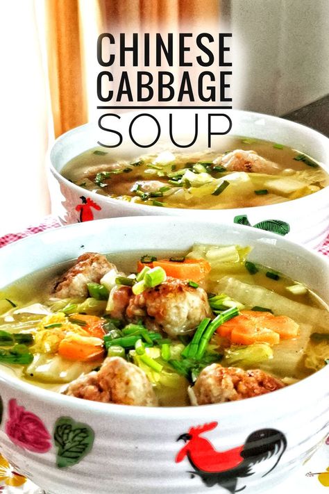 Chinese cabbage soup (黄芽白汤 )is warming and comforting. The inclusion of meatballs turns it into a one-pot meal. Chinese Meatball Soup, Chinese Cabbage Soup, Chinese Cabbage Soup Recipe, Soup With Meatballs, Chinese Dessert Recipe, Asian Stir Fry Recipe, Chicken Meatball Soup, American Chinese Food, Chinese Soup Recipes