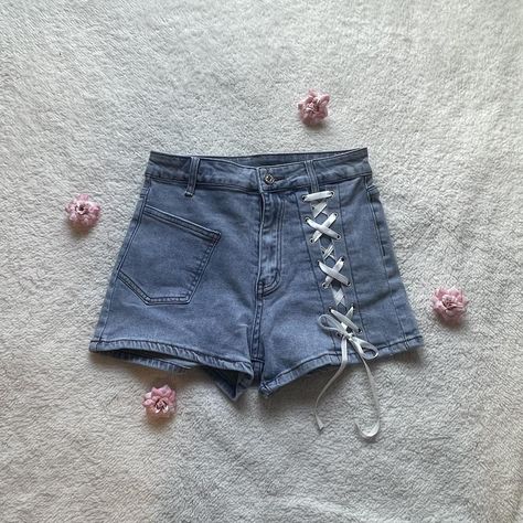 Ribbon Jeans, White Ribbon, On The Side, Jeans Shorts, Jean Shorts, Denim Jeans, Denim Shorts, Ribbon, Lace Up