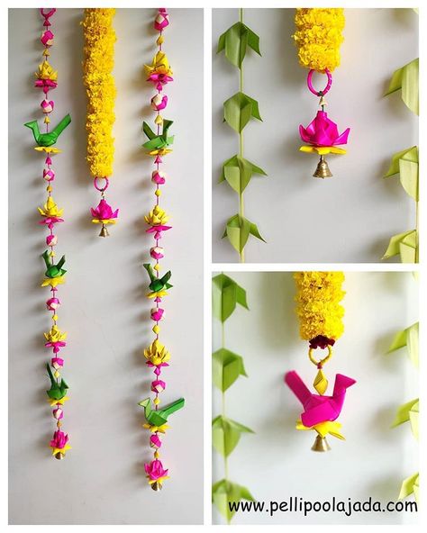 Palm Leaf Decor, Ganpati Decoration At Home, Ganapati Decoration, Diwali Decorations At Home, Indian Theme, New Product Alert, Housewarming Decorations, Nylon Flowers, Silver Furniture