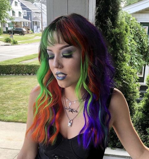 Orange Purple Green Black Hair, Orange Purple Green Hair, Halloween Split Dye, Halloween Color Hair, Halloween Inspired Hair Color, Beetlejuice Hair Color, Halloween Colored Hair, Halloween Dyed Hair, Halloween Hair Dye Ideas