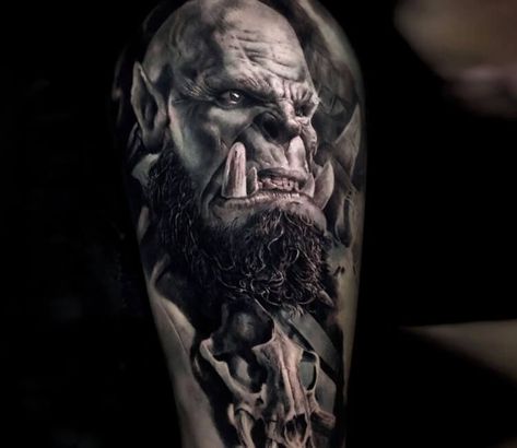 Orc Tattoo, World Of Warcraft Tattoo, Horde Tattoo, Warcraft Tattoo, Gamer Tattoos, Biomechanical Tattoo, Gaming Tattoo, World Tattoo, Badass Tattoos