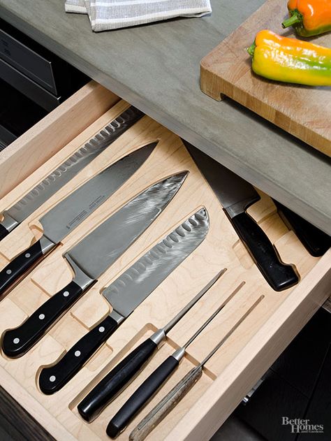 Look for drawer inserts that help you organize chef's knives, spice jars, and cooking gadgets in an area near where they'll be accessed most often. #declutter #organizationtips #storageideas #storagetips #bhg Kitchen Knife Drawer, Kitchen Knife Storage, Kitchen Cabinet Interior, Knife Drawer, Counter Clutter, Pantry Organizer, Knife Blocks, Router Cnc, Kitchen Desks