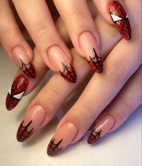 Spiderman Nails French Tip, Spider Man Nails Aesthetic, Almond Style Nail Designs, Spiderman Nails Designs Easy, Nails Inspiration Spiderman, Spider Man Almond Nails, Y2k Nails Spiderman, Spider Man Inspired Makeup, Spiderman Nails Almond