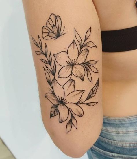 Floral Thigh Tattoos With Butterflies, Multiple Arm Tattoos For Women, Upper Elbow Tattoos For Women, Girly Arm Tattoos, Tattoos For Women Flowers, Elbow Tattoos, 4 Tattoo, Tatuaje A Color, Wrist Tattoos For Women