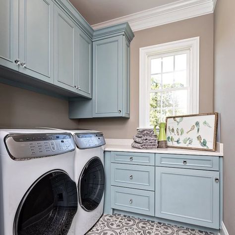 Rain Paint Color, Tradewind Sherwin Williams, Sherwin Williams Rain, Sherwin Williams Amazing Gray, Blue Painted Cabinets, Sherwin Williams Blue, Amazing Gray, Blue Laundry Rooms, Grey Wall Color