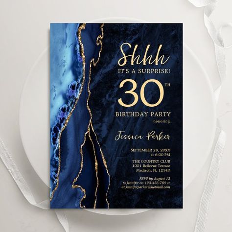 $1.85 | Navy Blue Gold Agate Surprise 30th Birthday - agate surprise 30th birthday, navy blue gold, womens birthday, trendy, shhh its a surprise, geode, marble, sparkly glitter, glam chic, rock ston 65th Birthday Invitations, Surprise 30th Birthday, 90th Birthday Invitations, Womens Birthday, Surprise Birthday Invitations, 70th Birthday Invitations, 80th Birthday Invitations, 21st Birthday Invitations, 60th Birthday Invitations