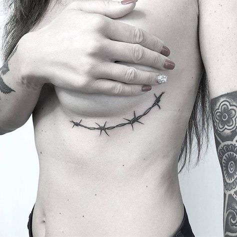 Barbwire Tattoo, Tattoo Under Chest, Under Chest Tattoo, Barbed Wire Tattoos, Underboob Tattoo, Western Tattoos, Sternum Tattoo, Cool Small Tattoos, Line Work Tattoo