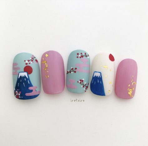 Zen Nail Art, Asian Inspired Nails, Different Shaped Nails, Nail Designs Japanese, Japan Themed Nails, Japanese Nail Trends, Japanese Art Nails, Inuyasha Nails, China Nails Design