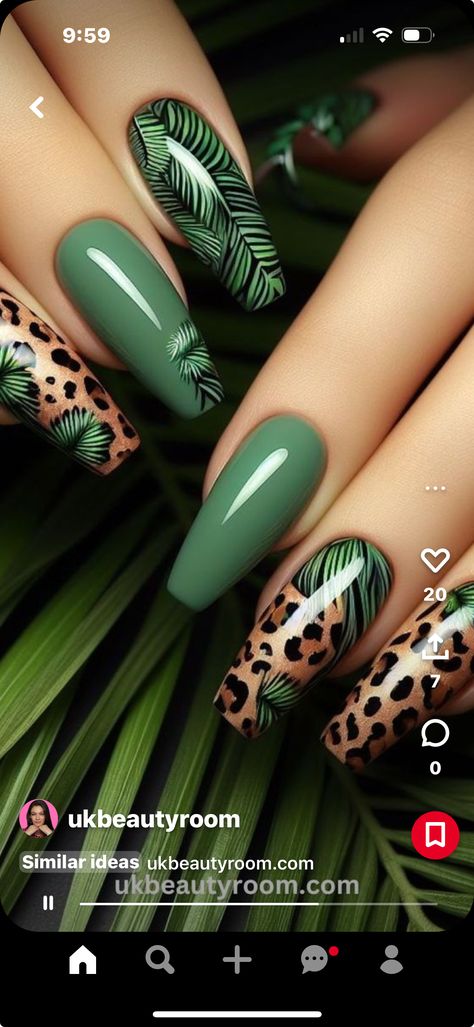 Banana Leaf Nails, African Safari Nails, Green And Cheetah Nails, Animal Print Gel Nails, Safari Themed Nails, Safari Nails Designs, Green Leopard Nails, Plant Nail Designs, Jungle Nails