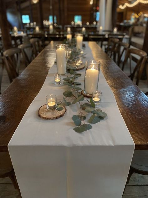 Wedding Table Decorations Long Tables Simple, Rustic Chic Table Decor, Rectangle Table Setting Ideas, Simple Winter Bridal Shower Centerpieces, Simple Long Table Decorations, Simple Centerpiece Wedding Rectangle Table, Farm Table Candles Wedding, Simple Wedding Centerpieces For Long Tables, Rectangle Wedding Centerpieces Simple