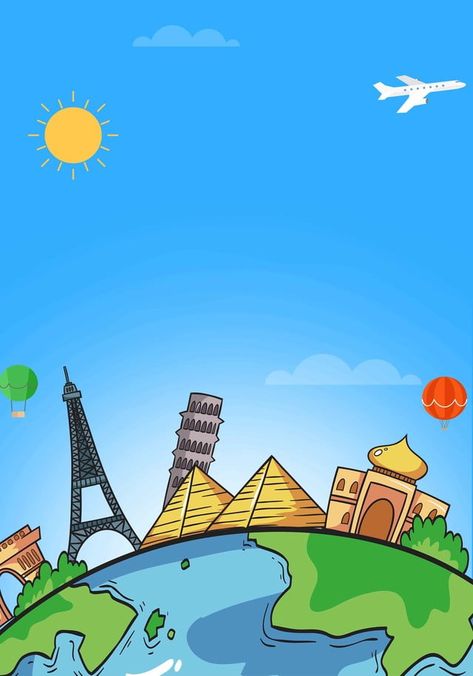 51 Cartoon Travel Theme Background Tourism Project Cover Page, Around The World Background, Around The World Wallpaper, Flat Wallpaper, Page Background Design, Travel Cartoon, World Cartoon, Kitty Party Themes, Travel Baggage