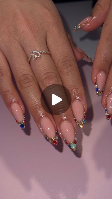 Gemstone French Tip Nails, Nail Designs Not French Tip, Jewel French Tip Nails, Jeweled French Tip Nails, Gems On Nails Ideas, Almond Nails With Diamonds, Rhinestone French Tip Nails, Almond Birthday Nails, Bling French Tip Nails